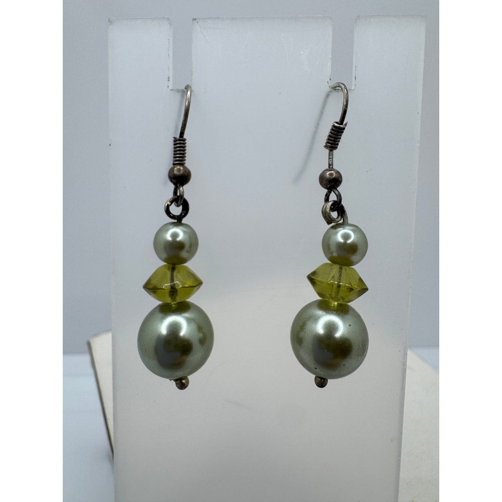 Sage Green Faux Pearl and Chartreuse Glass Drop Earrings Silver Tone French Wire